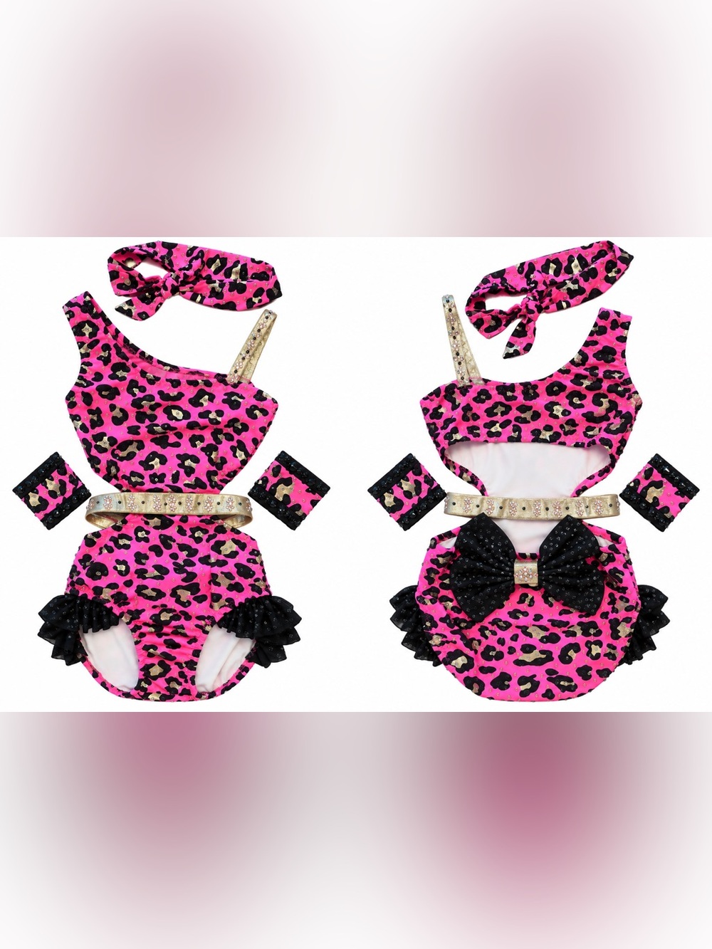 Custom 2 piece pink Leopard Dance Costume rhinestones girls  size 6-7